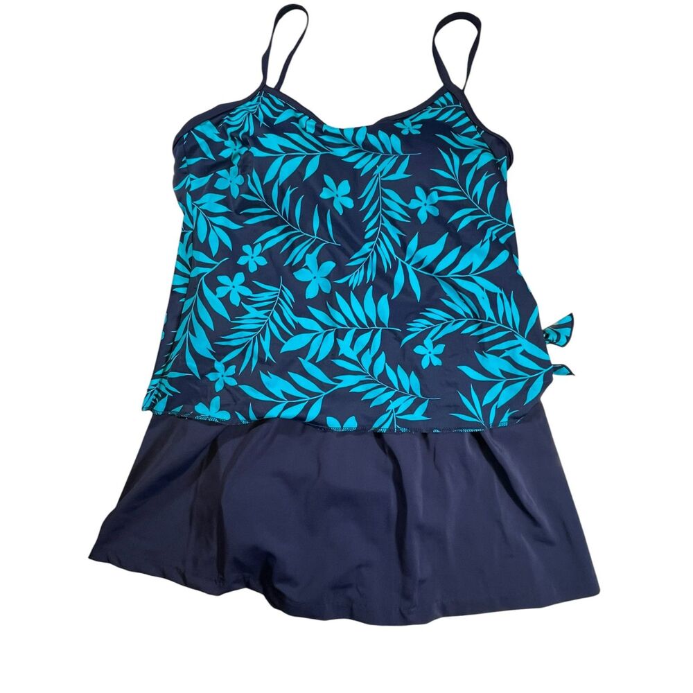 Maxine Swimdress One Piece Swimsuit Blue Floral Skirted Tummy Control Women 18